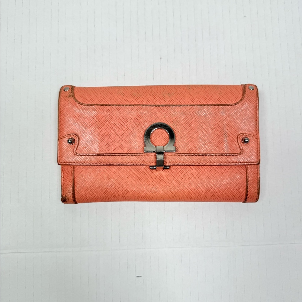 Salvatore Ferragamo Vintage Gancini Wallet Peach Saffiano Leather